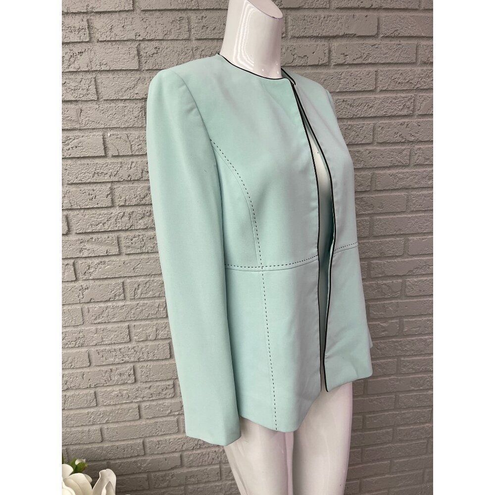 Kasper Women Long Sleeve Mint with Black Stitching Open Front Jacket Size 8 - Picture 3 of 8